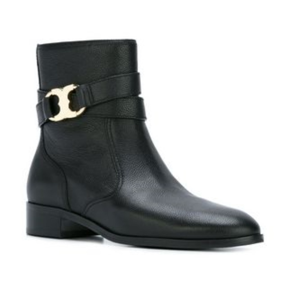 Tory Burch Black Leather Ankle Boots with Gold Buckle